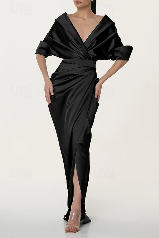 Meerjungfrau  Trompeten Brautmutter Kleid Elegantes Einfaches Minimalistisches V-Ausschnitt Portrait-Kragen Bodenlang Stretch-Satin Halblange Ärmel mit gerafften Details und Schlitz 2025 - $143.99 –P8