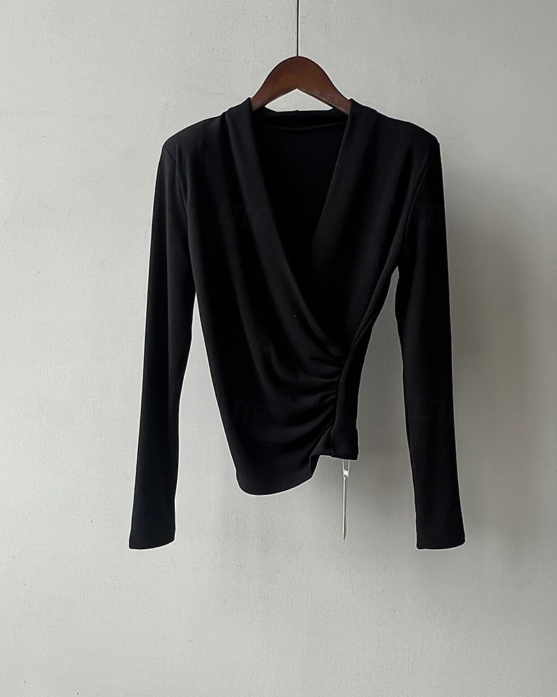 Femmes Chemisier Uni Moderne Occasionnel manche longue Col en V Hauts Réguliers Quotidien Fête Froncé Noir Blanche Marron clair Automne de 2025 ? $22.99 –P19