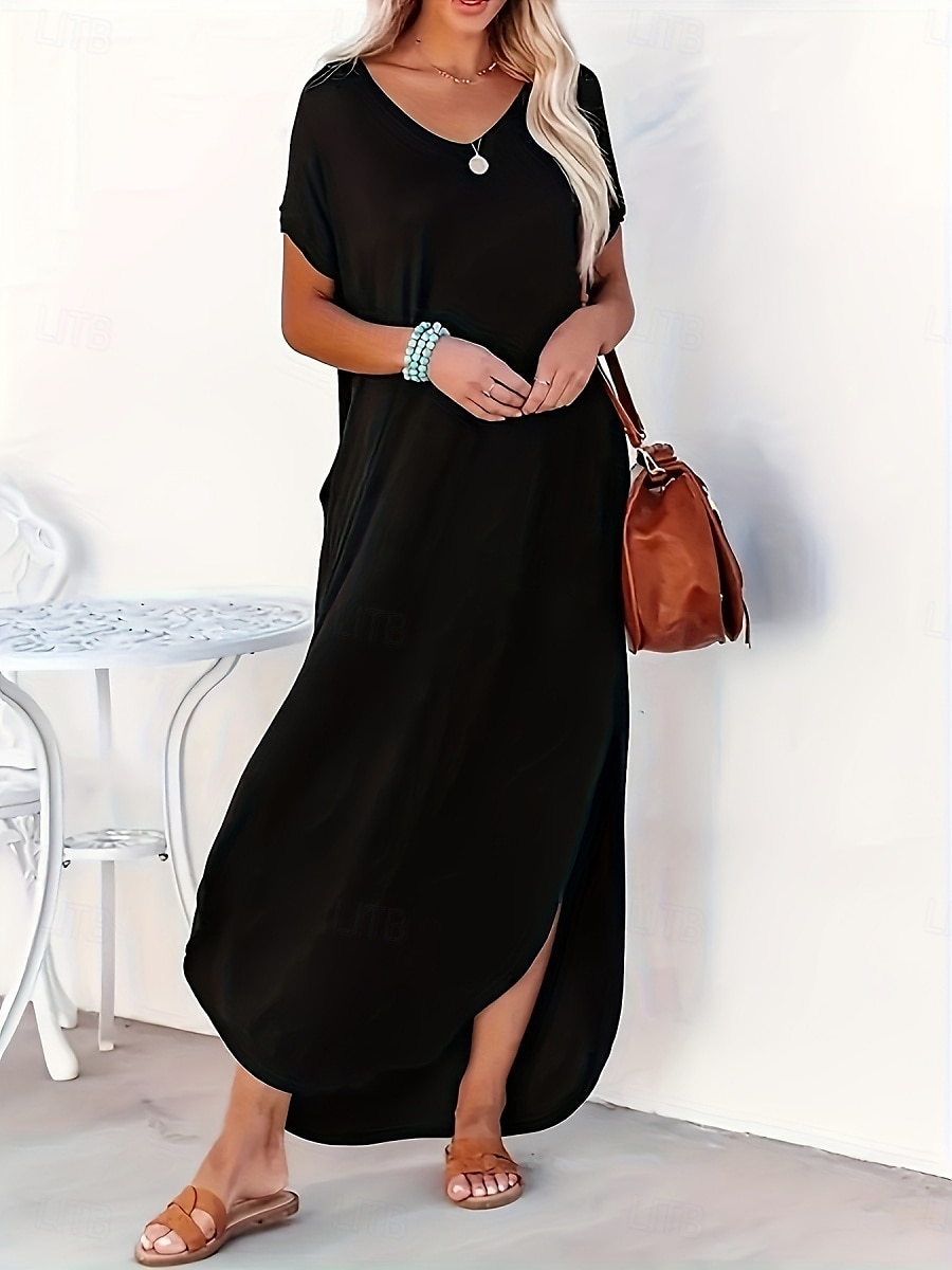 Femmes Robe maxi Robe d'été Occasionnel Quotidien Coupe régulière Uni Manche Courte Col en V Noir Rose Claire Vert Été de 2025 ? $30.99 –P6