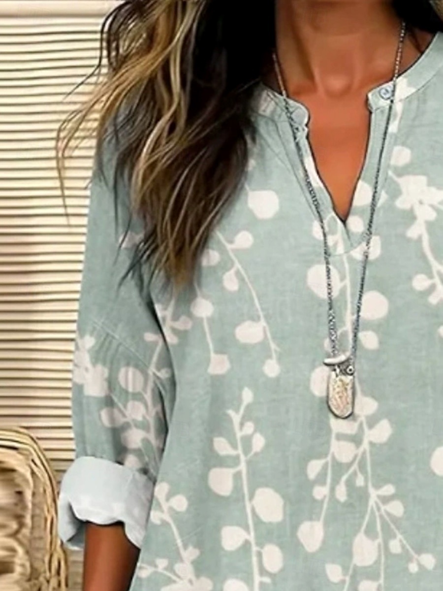 Dámské Halenka Grafika S lístky Lístky Elegantní stylové Na běžné nošení Dlouhý rukáv Do V Běžné topy Denní Dovolená Tisk Světle zelená Léto Jaro 2025 - $24.99 –P2