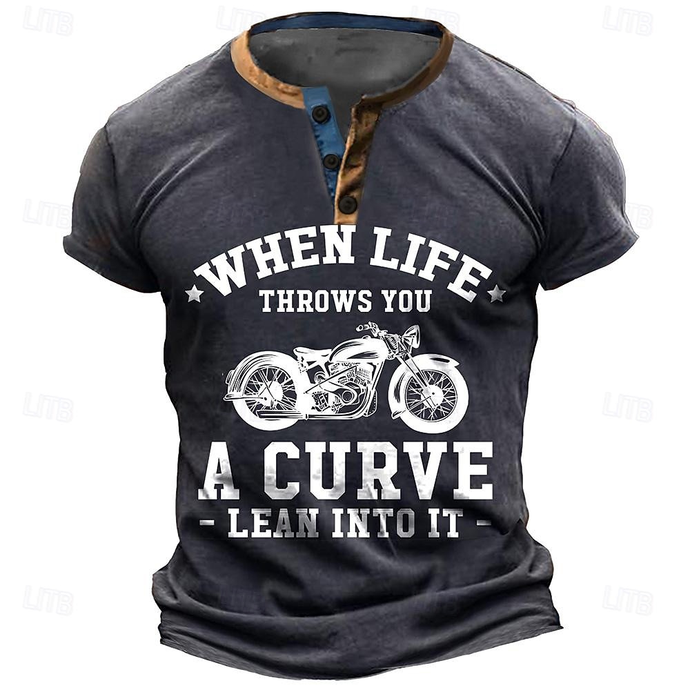 Mannen's Henley Hals Korte Mouwen T-Shirt Motorfiets Grafische T-Shirt met "Wanneer Het Leven Je Een Curve Geeft - Leun Erin" Levensstijl Quote Casual Top 2026 - $22.99 –P3