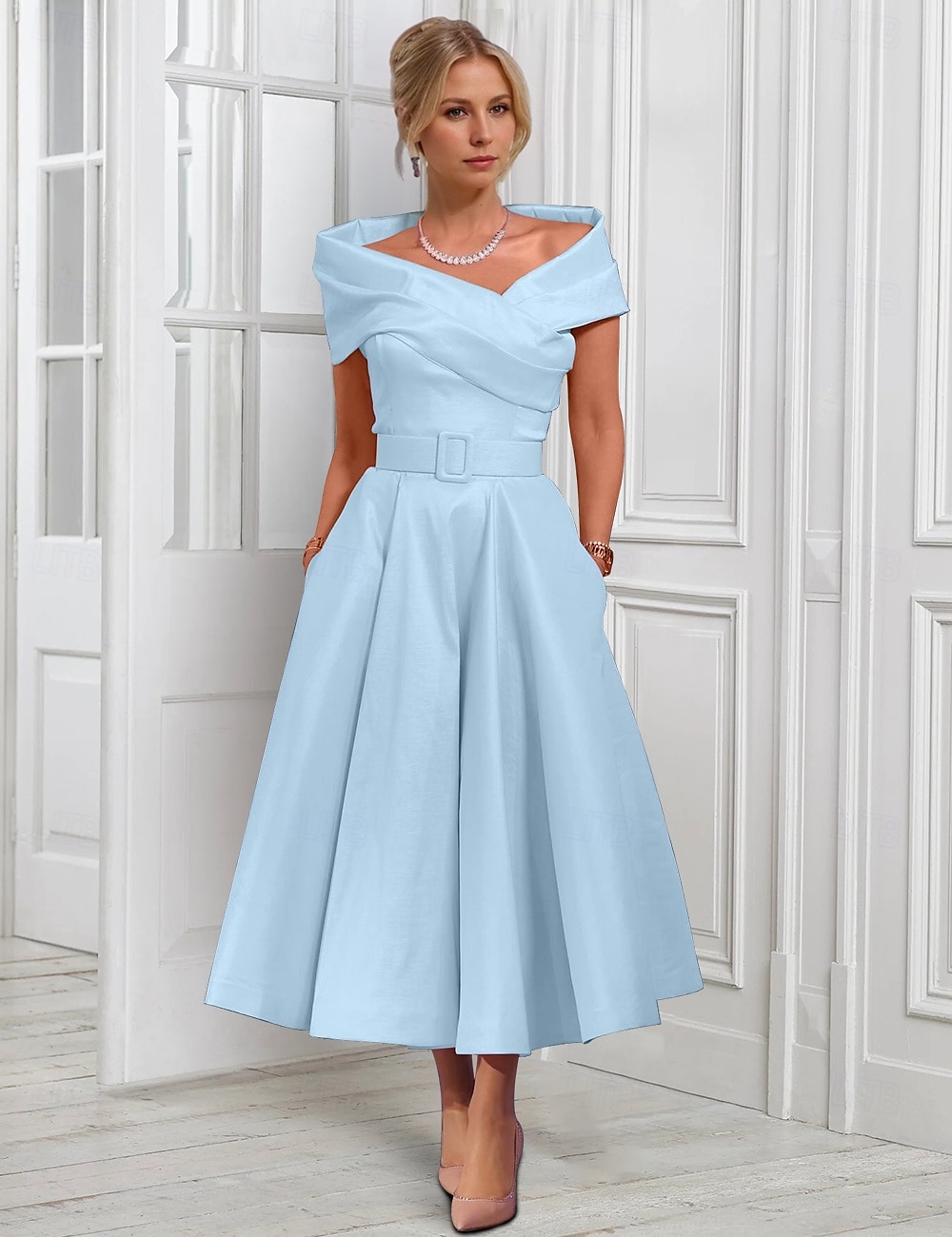 A-Line Cocktail Dresses Elegant Dress Formal Wedding Tea Length Midi Length Sleeveless Adjustable Cover Buttons Off Shoulder Satin with Pleats 2025 - $128.99 –P5