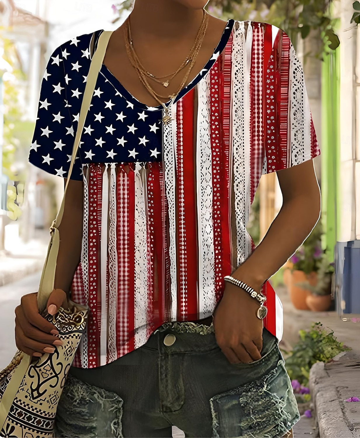 Női Hazafias T Shirt Grafikai Amerikai Zászló Vintage Stílusos Klasszikus Rövid Ujjú V Nyakú Normál Felsők Mindennapi Hétvégi Nyomtatás Kék Nyár Tavasz 2025 - $19.99 –P6