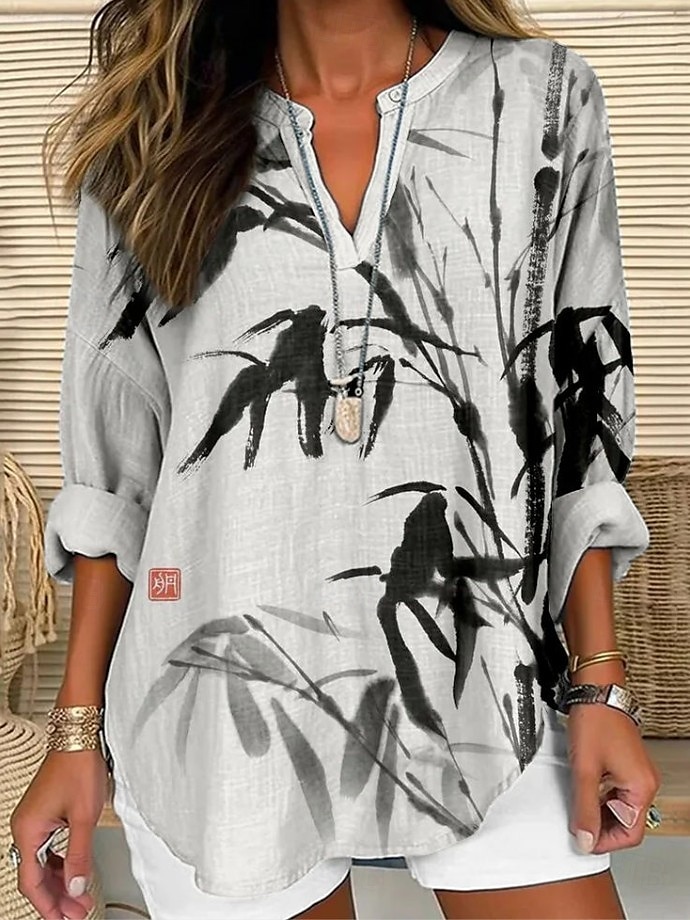 Femmes Hauts d'été Fleuri Graphique ancien Tropical Hawaïen manche longue Col en V Hauts Réguliers Quotidien Fête Tenue de plage Imprimé Blanche Rose Claire Violet Fuchsia Gris Été Printemps de 2025 ? $24.99 –P4