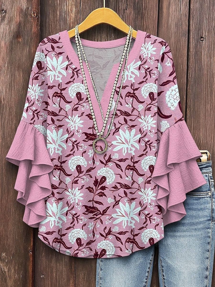Dame Bluse Blomstret Grafisk Daglig Stilfull Fritid 3/4 ermer V-hals Vanlige topper Daglig Ferie Ferieklær Trykt mønster Rosa Blå Lilla Grønn Sommer Vår 2025 - $29.99 –P5