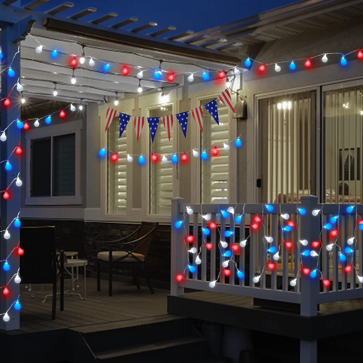 1 Pc 33FT-100 LED Patriotic String Lights July 4th Independence Day Red Blue White Ball Decorative LED String Patriotic Gathering Party Atmosphere 8 Function Remote Control Waterproof Battery Box 2025 - $15.99 –P5