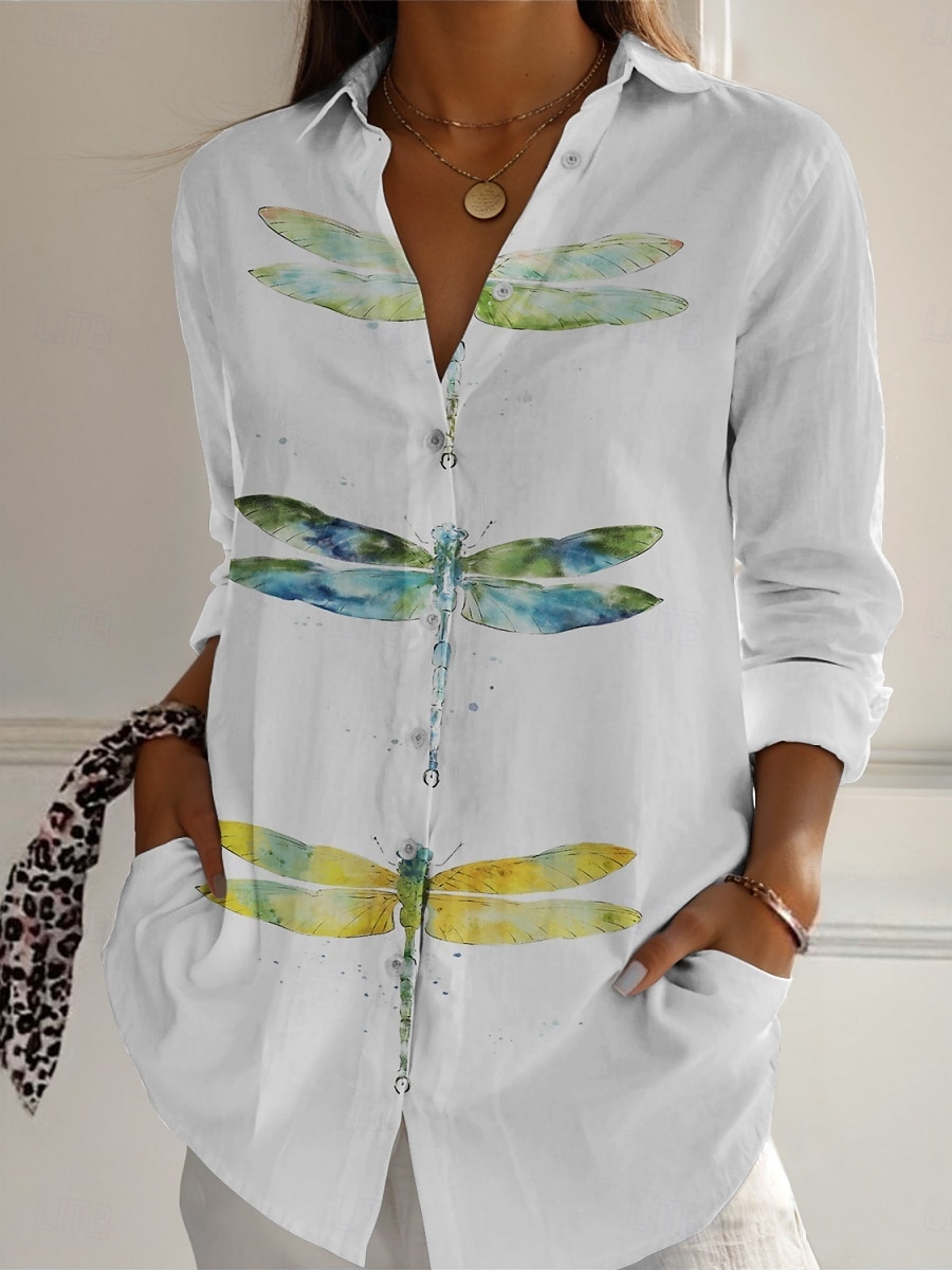 Dames Linnen-geïnspireerde overhemden Libel Actief Dagelijks Stijlvol Lange mouw Overhemdkraag Normale tops Dagelijks Feestdagen Knop Afdrukken Wit blauw Paars Groen Lente Herfst 2025 - $25.99 –P3