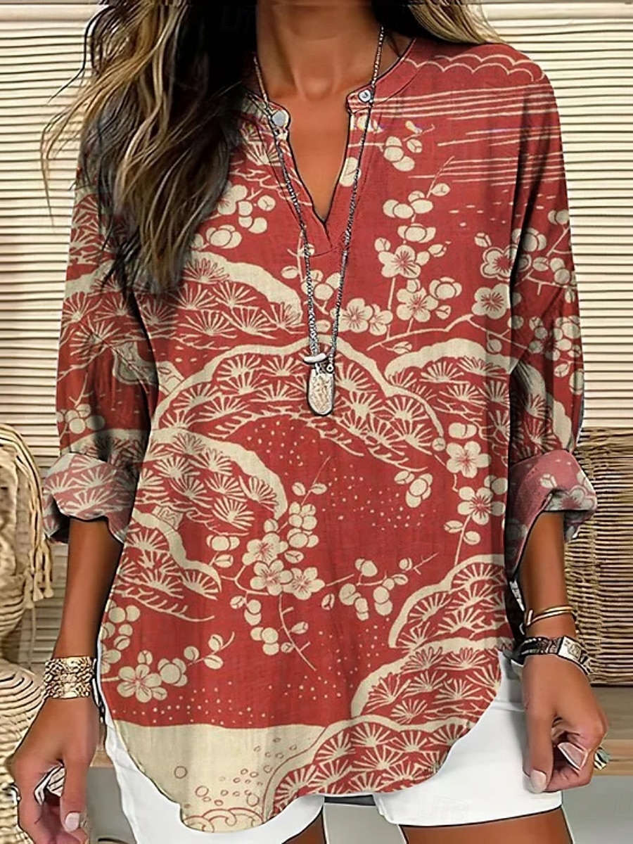 Femmes Chemise Fleuri Élégant Moderne manche longue Col en V Hauts Réguliers Quotidien Fête Boutons Imprimé Rouge Vert Été de 2025 ? $24.99 –P2