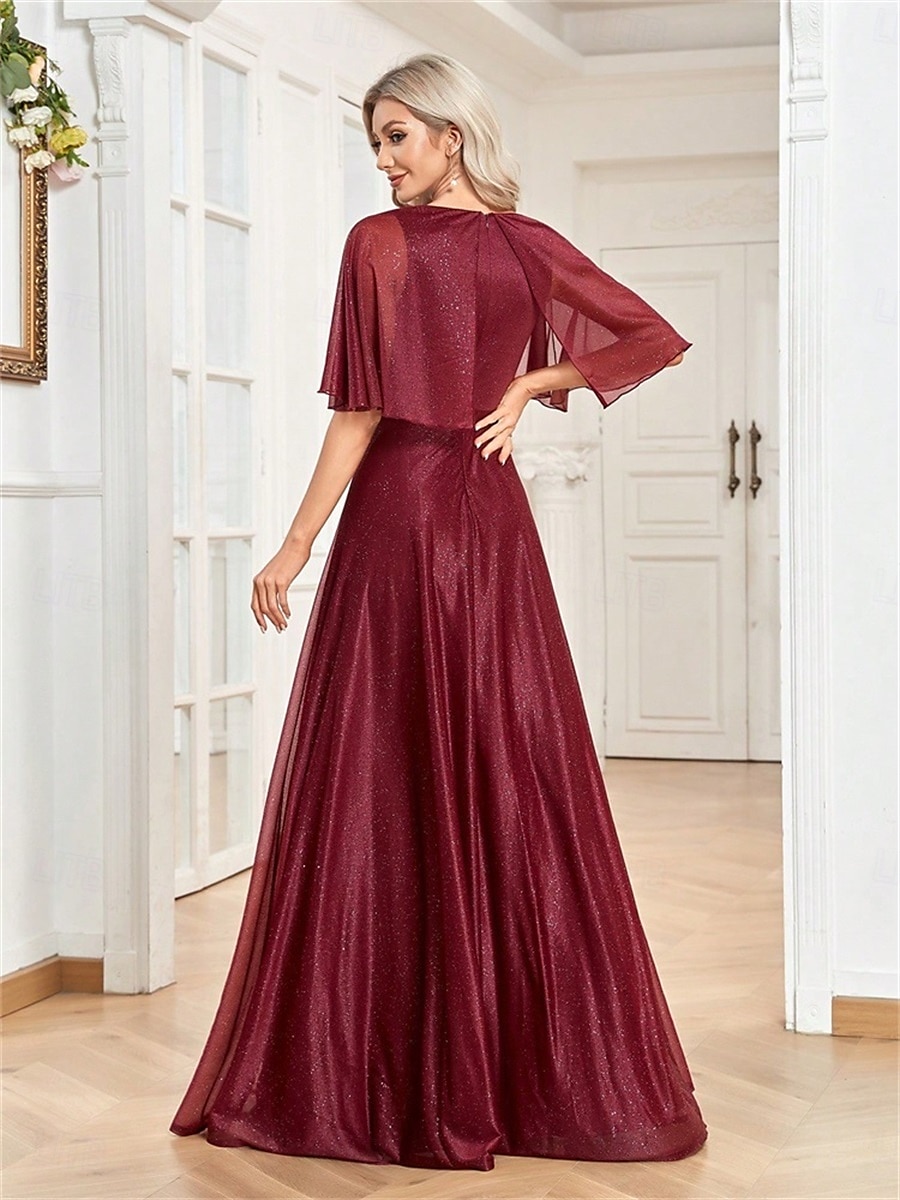Robe de quinceanera A-Line élégante robe formelle de mariage longueur sol manches courtes col en V en satin avec plis de 2025 ? $99.99 –P12