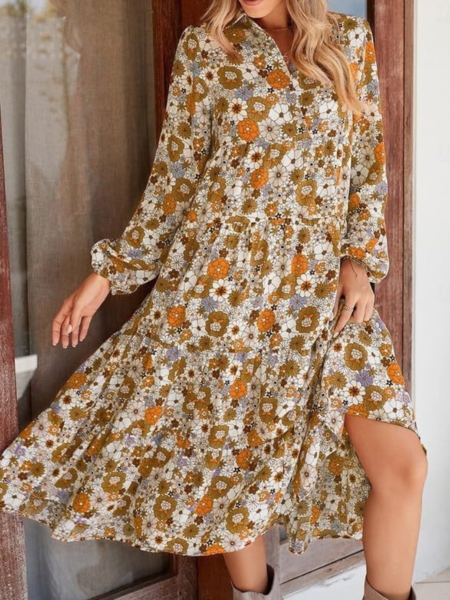 Per donna Abito Midi Abito a trapezio Casual All'aperto Uscire Vestibilità regolare Floreale Grafico Manica Lunga Scollo a V Marrone chiaro Azzurro cielo Arancione Verde Estate del 2025 a $29.99 –P7