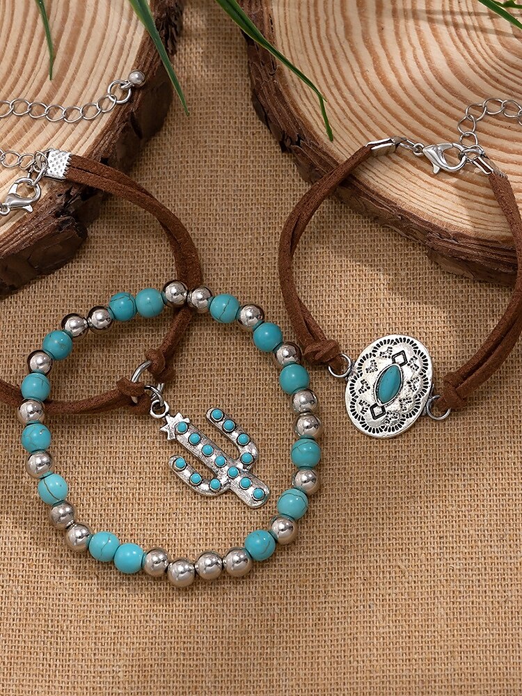 Brățară boho turcoaz pentru femei, cu pandantiv din piele și cactus, bijuterii vintage în stil western pentru ținute de festival cowgirl, petreceri și sărbători de vară 2025 - $9.99 –P4
