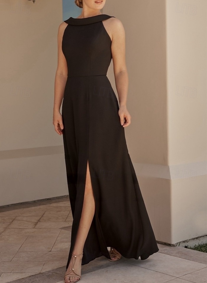 Robe de mariée A-Line élégante Robe d'invitée de mariage longueur de sol sans manches col rond en crépon stretch avec fente de 2025 ? $154.99 –P1