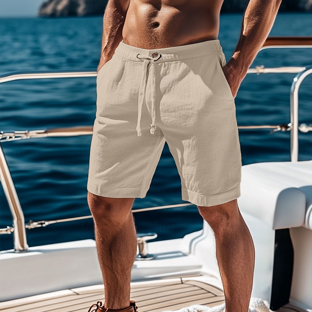 Homens Calção Shorts de linho Shorts de verão Shorts de praia Com Cordão Cintura elástica Tecido Conforto Respirável Comprimento do joelho Ao ar livre Diário Praia Férias Moda Preto Branco de 2025 por $18.99 –P5