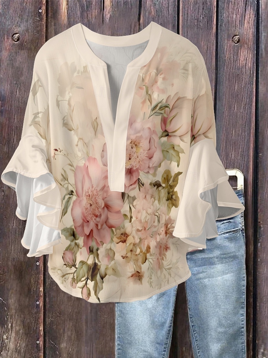 Γυναικεία Μπλούζα Φλοράλ Στυλάτο Μοντέρνα 3/4 Μήκος Μανικιού Λαιμόκοψη V Κανονικά μπλουζάκια Καθημερινά Αργίες Με Βολάν Στάμπα Μαύρο Θαλασσί Πράσινο του τριφυλλιού Σομόν Καλοκαίρι 2025 - $26.99 –P3