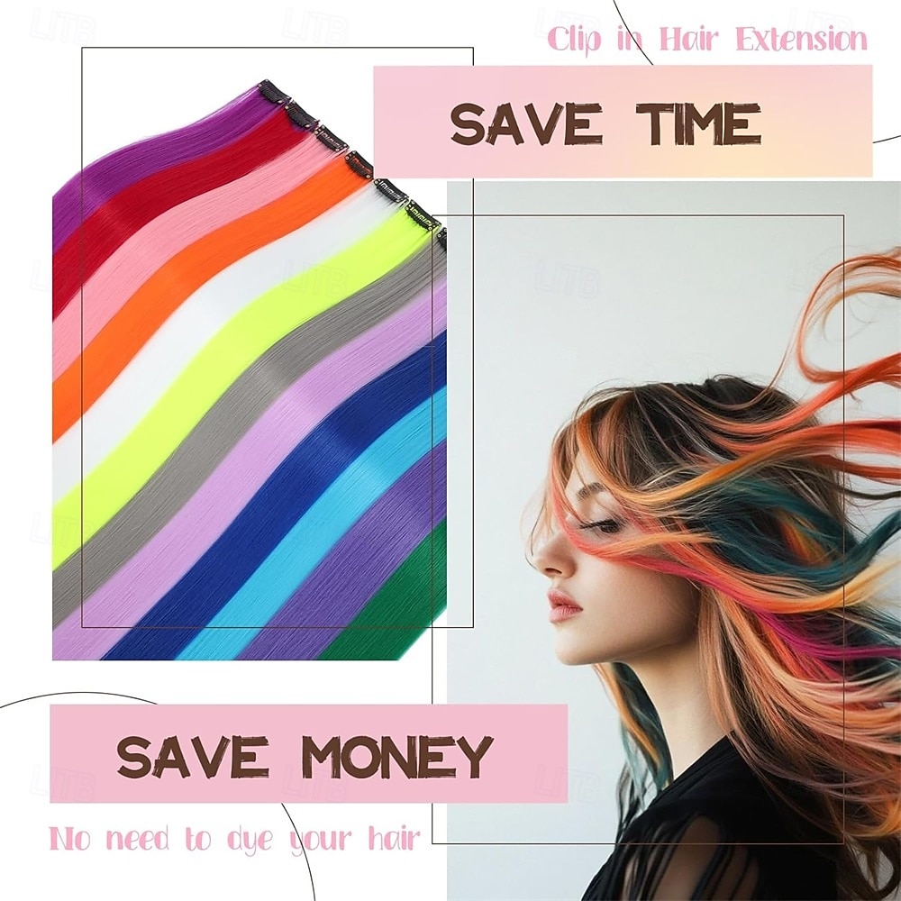 Цветные накладные волосы 22 дюйма прямые накладные волосы на заколках для тела, лица, блестящие разноцветные радужные розовые красные накладные волосы для детей, девочек и женщин 2026 - $13.49 –P6