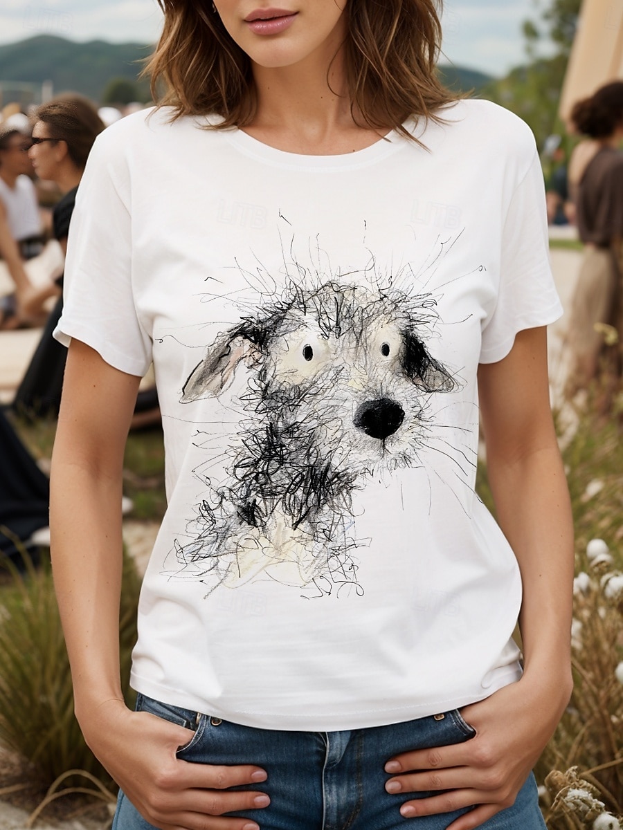 Femmes T-shirt Graphique Animal Chien ancien Élégant Classique Manche Courte Col ras du cou Col rond Hauts Réguliers Quotidien Week-end Imprimé Noir et blanc Blanc / Noir Blanche Rose Claire Rouge de 2025 ? $19.99 –P6