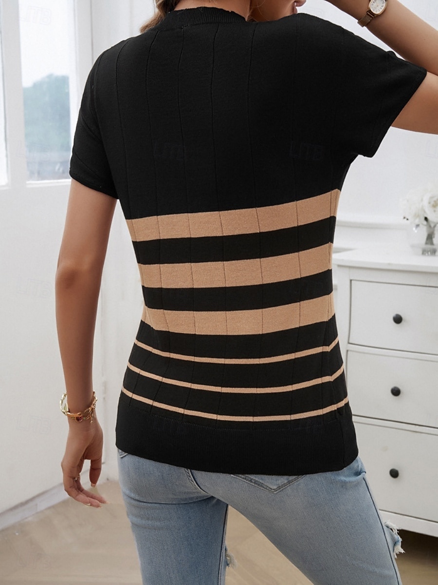 Dame Bluse Stripet Stilfull Fritid Kortermet Crew-hals Vanlige topper Daglig Lapper Svart Hvit Brun Kakifarget Sommer 2025 - $28.99 –P22