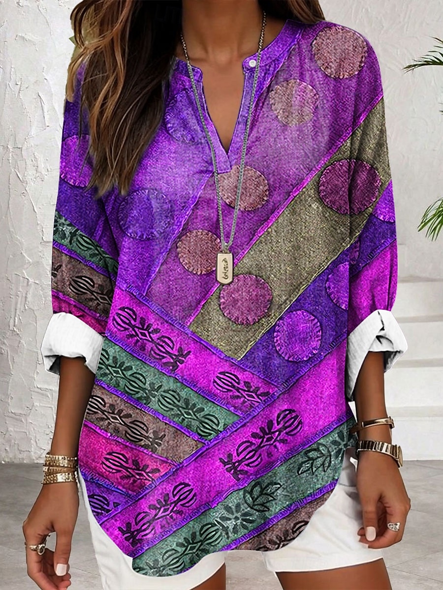Dame Bluse Blomstret Grafisk Geometrisk Elegant Stilfull Langermet V-hals Vanlige topper Daglig Ferie Trykt mønster Rød Blå Lilla Grønn Sommer Vår 2025 - $24.99 –P2