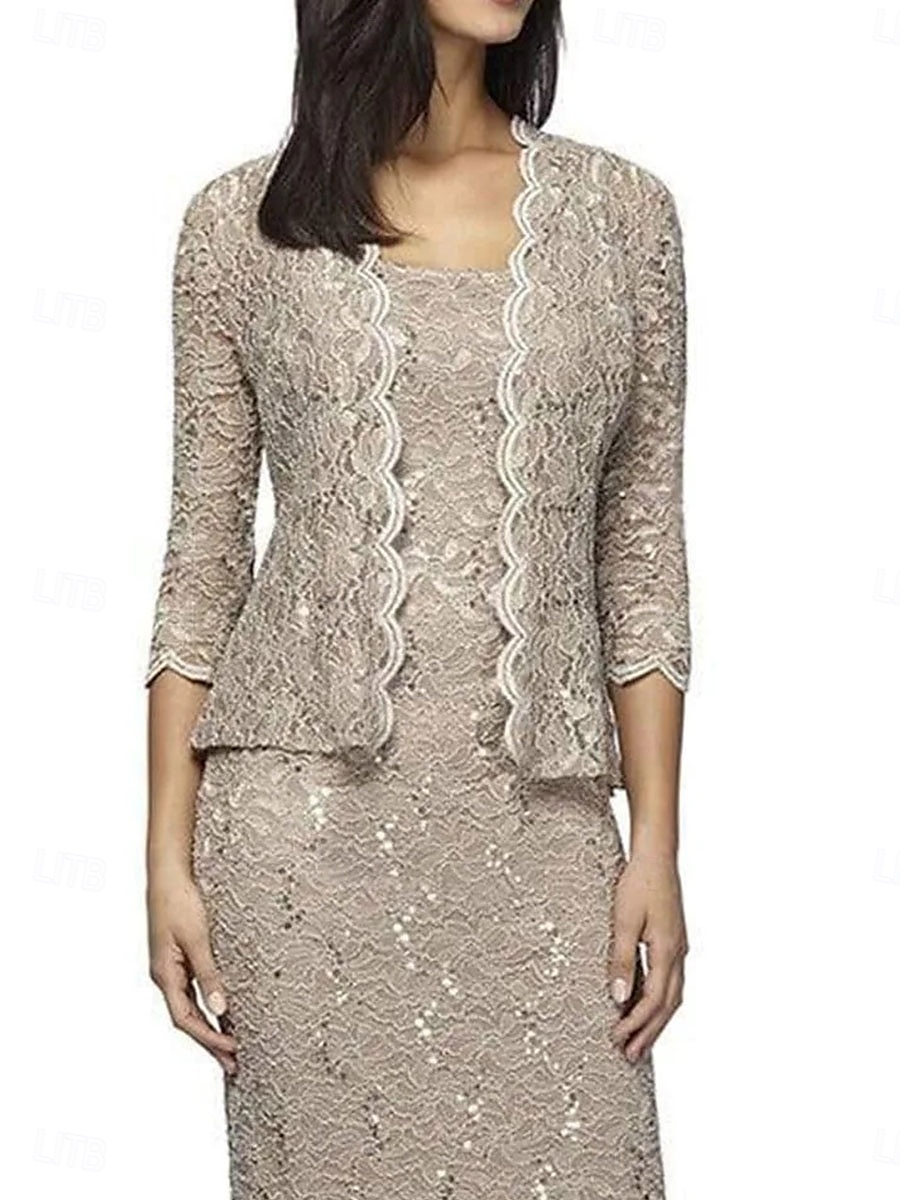 Two Piece Dress Sets Mother of the Bride Dress Elegant Square Neck Knee Length Lace 3/4 Length Sleeve with Lace 2025 - $119.99 –P4