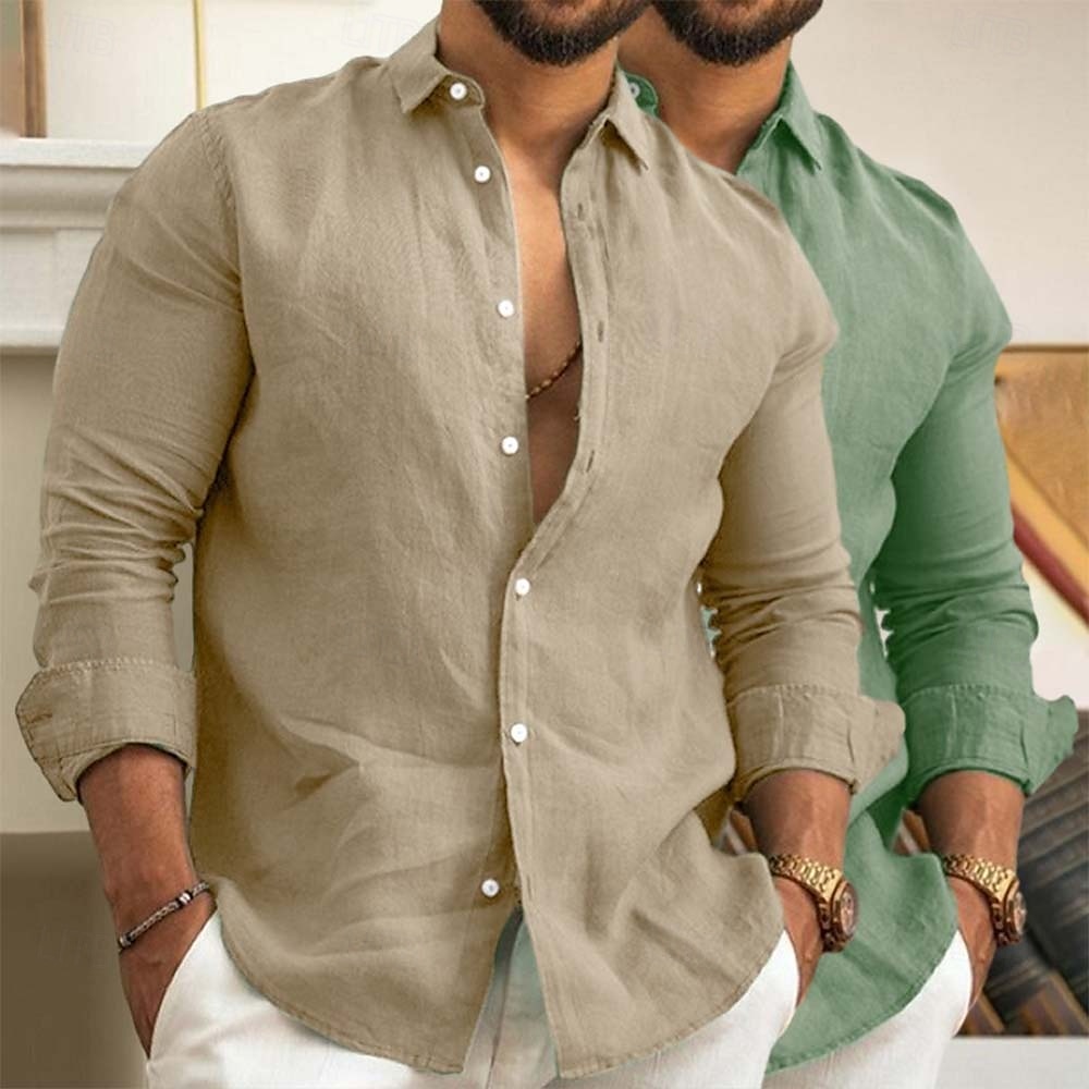 Men's Linen Shirt Summer Shirt Beach Wear Casual Shirt Button Up Shirt Plain Vacation Daily White+Green Green+Khaki Gray+Khaki Pink+Navy Blue Long Sleeve Lapel Summer Spring Clothing Apparel 2025 - $29.99 –P7