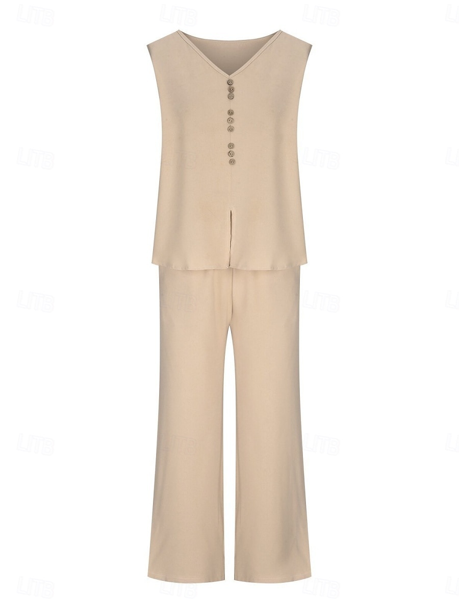 Femmes Mode Streetwear Quotidien Ensembles de Pantalons Sans manches Col en V Uni Occasionnel Quotidien Noir bleu marine Vert Été Coupe Ample de 2025 ? $28.99 –P2