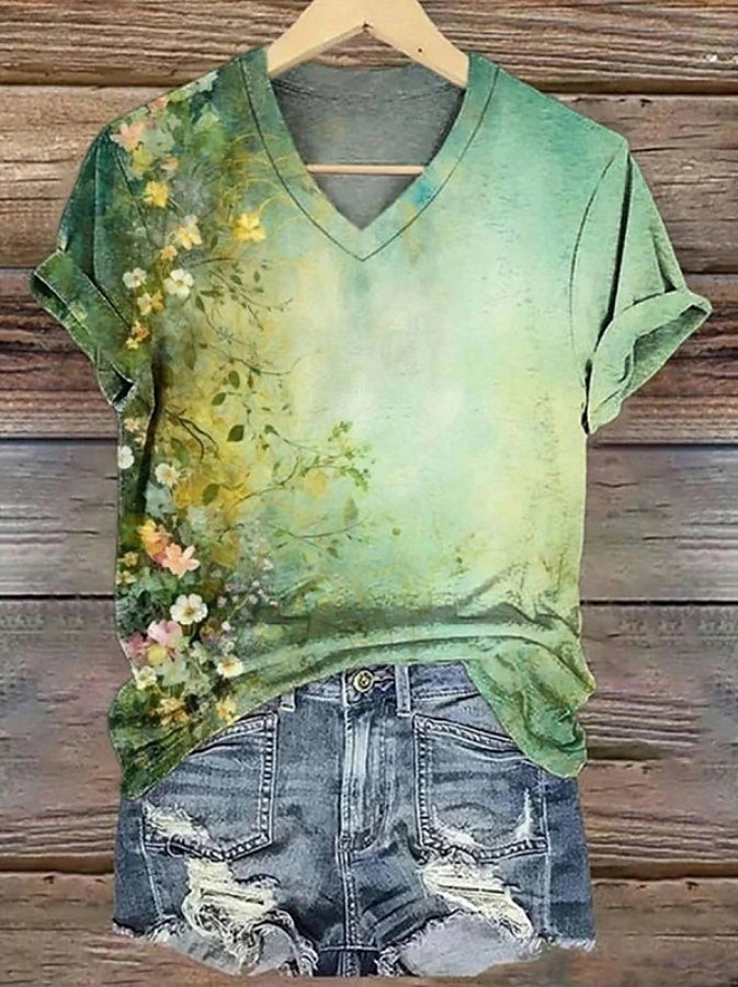 Femmes T-shirt Fleuri Graphique Plantes ancien Mode Hawaïen Manche Courte Col en V Hauts Réguliers Quotidien Sortir Week-end Imprimé Jaune Rose Claire Bleu Violet Orange Été Printemps de 2025 ? $19.99 –P3