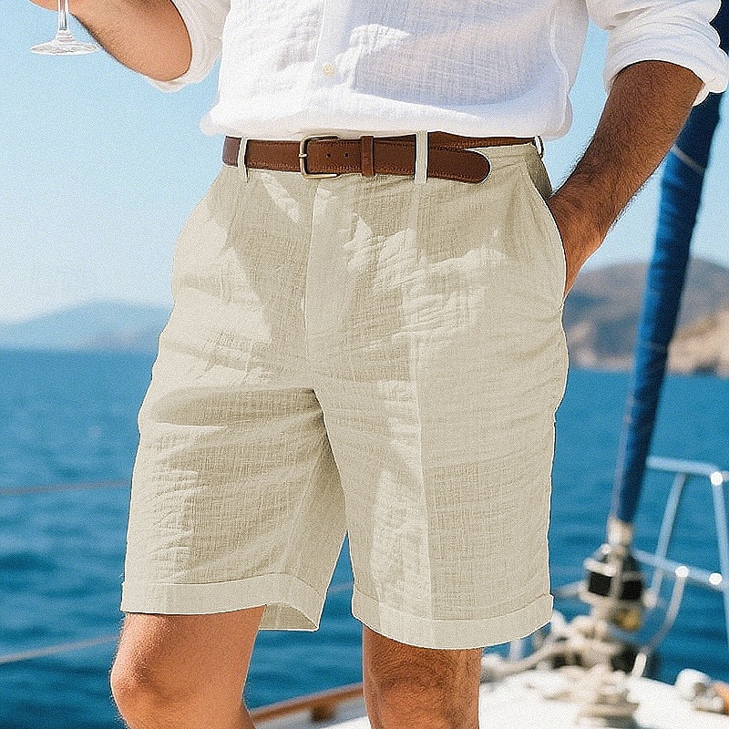 Herr Shorts Linne Shorts Sommarshorts Beach Shorts Ficka Knappar Slät Komfort Andningsfunktion Kort Semester Helgdag Strand Hawaiisk Boho Svart Vit 2025 - $21.99 –P6