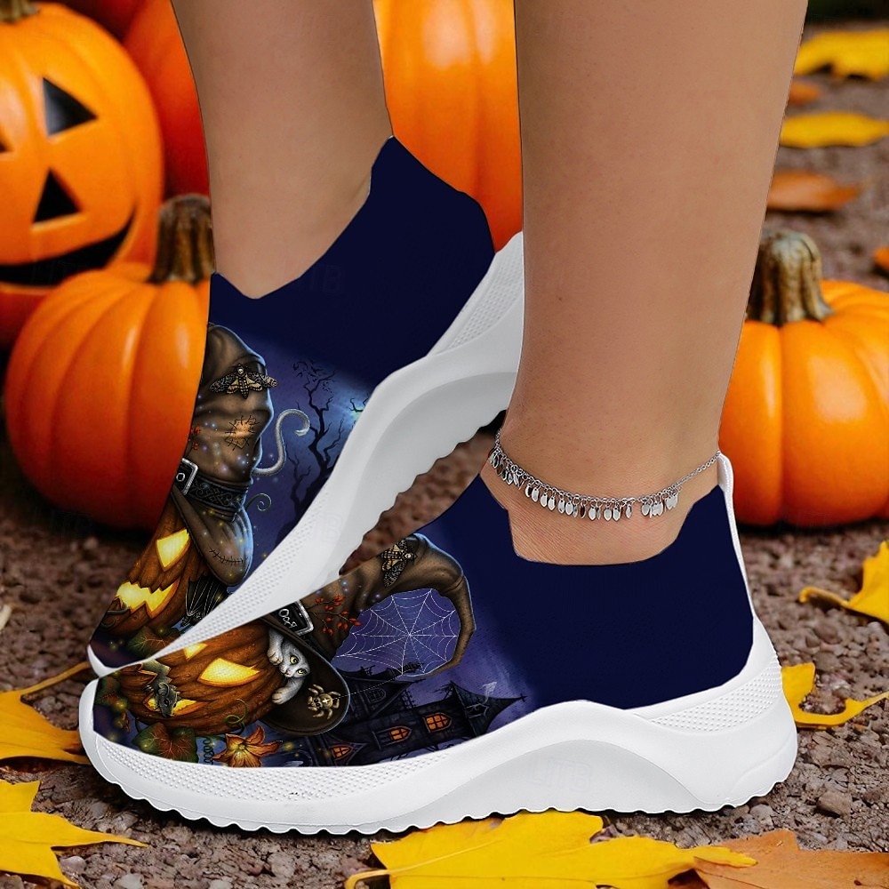 Scarpe slip-on da donna a forma di zucca di Halloween – sneakers da passeggio in Flyknit blu con design a forma di zucca di Halloween per notti spettrali, eventi infestati e uscite autunnali a tema Sarah Richter del 2025 a $32.99 –P3