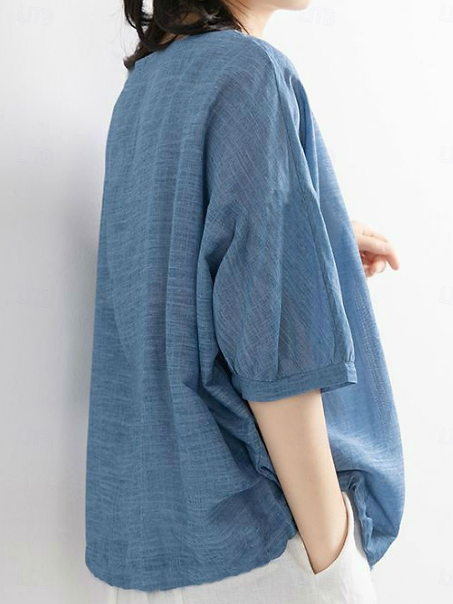 Femmes Chemise Couleur Unie Élégant Occasionnel Manche 3/4 Col ras du cou Hauts Réguliers Quotidien Rose Claire Bleu Violet Vert Été Printemps de 2025 ? $3.99 –P5