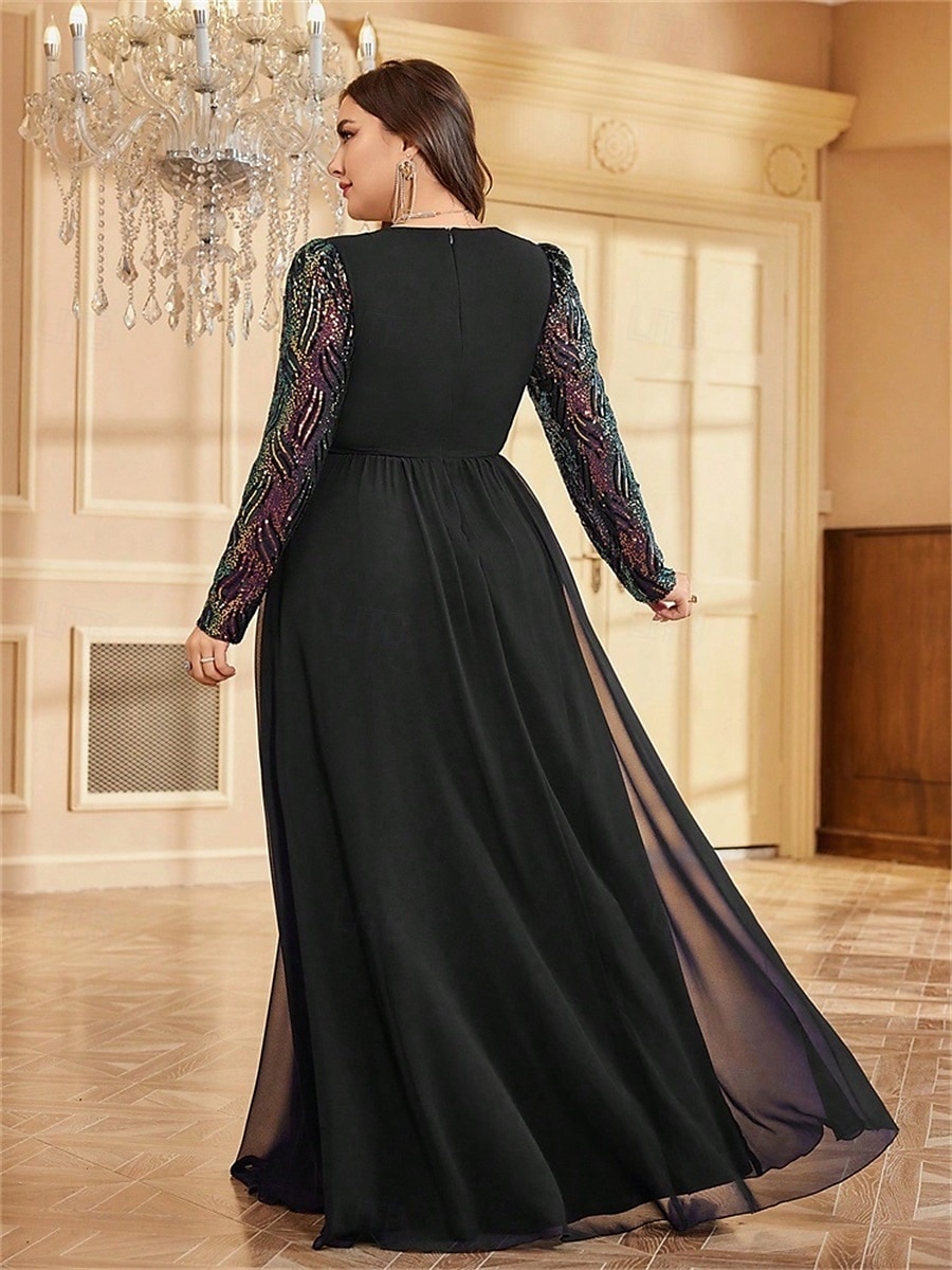 A-Line Plus Size Dresses Elegant Curve Dress Formal Wedding Floor Length Long Sleeve V Neck Chiffon with Sequin 2025 - $119.99 –P18