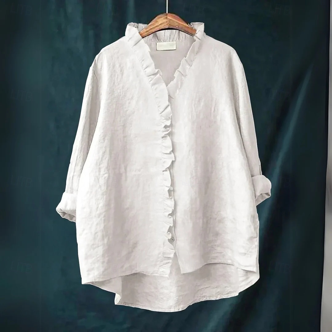 camicetta da donna in cotone e lino tinta unita elegante casual manica lunga scollo a V top normale quotidiano festa bottoni bianco giallo rosso blu beige estate autunno del 2025 a $25.99 –P1