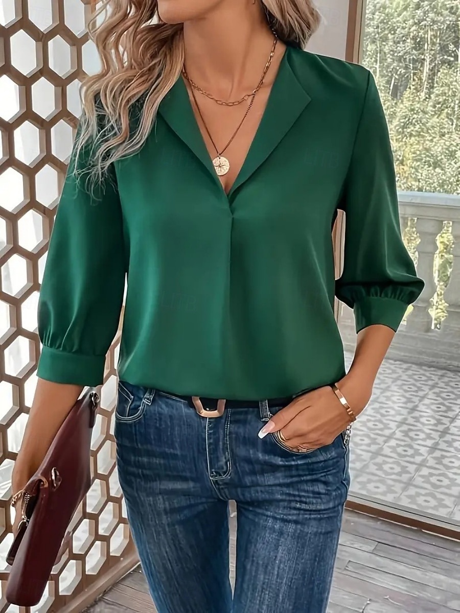 Mujer Blusa Color sólido Elegante Básico Casual Manga 3/4 Cuello Camisero Tops regulares Oficina Trabajo Negro Vino Verde Trébol Verano Primavera Otoño 2026 - $25.99 –P1