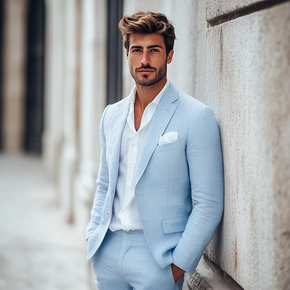Uomo Matrimonio Affari Completi in Lino Rosa Verde salvia Leggero Casual Tinta unita Vestibilità aderente 2 pezzi Monopetto a un bottone del 2025 a $116.99 –P1