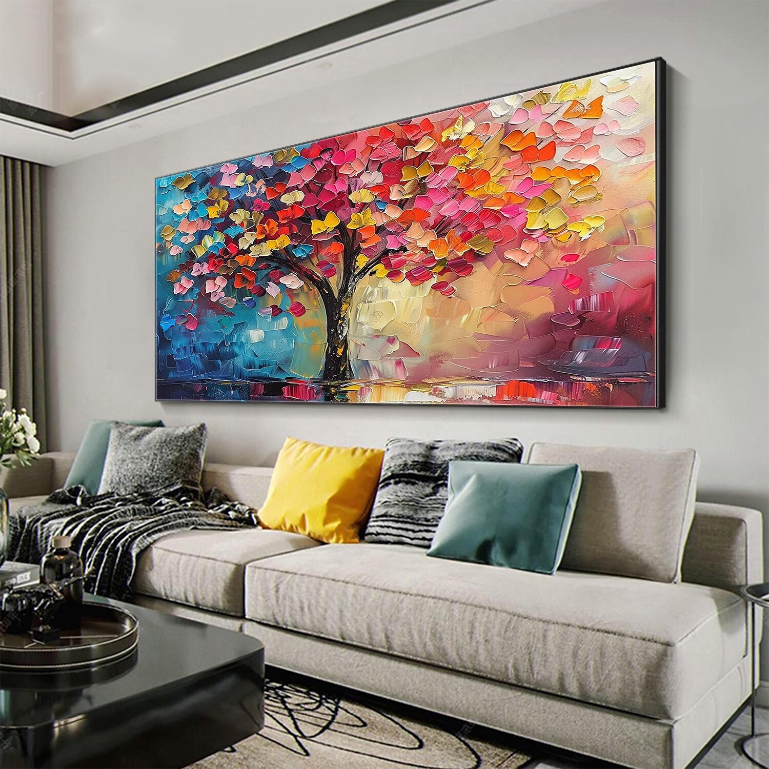 Peinture à l'huile d'arbre colorée originale faite à la main sur toile, art mural abstrait de paysage d'arbre pour la décoration intérieure avec cadre tendu sans cadre intérieur de 2025 ? $183.99 –P4
