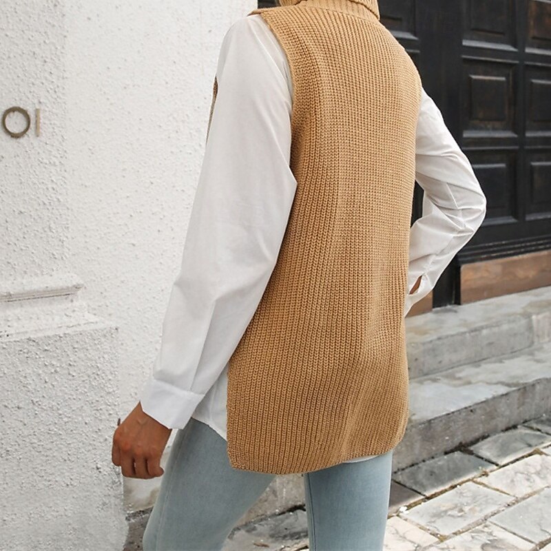 Femmes Pull Gilet Pull Occasionnel Couleur Unie Épais Col roulé Tricoté Sans manches Hauts Réguliers Tricoter Quotidien Fête Sortir Noir Marron Automne Hiver de 2025 ? $18.99 –P5