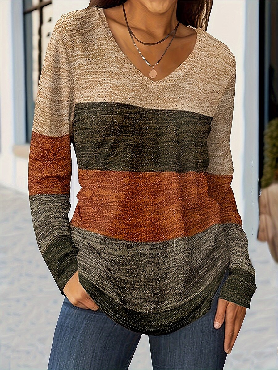 Femmes T-shirt A Ombre Graphique Géométrique ancien Élégant Classique manche longue Col en V Hauts Réguliers Quotidien Imprimé Bleu Violet Orange Vert Printemps Automne de 2025 ? $23.99 –P5