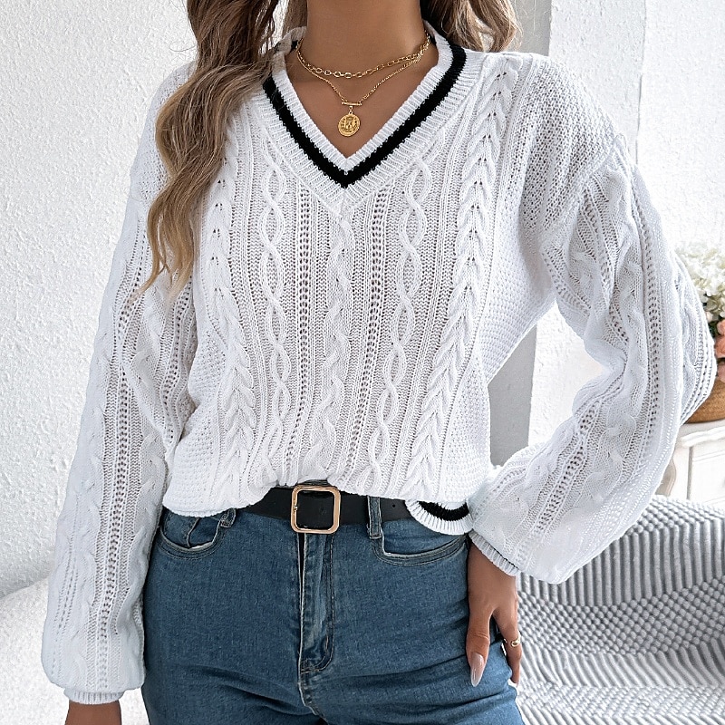 Damen Pullover Lässig Farbblock Gerippt V Ausschnitt Patchwork Gestrickt Langarm Normale Oberteile Stricken Täglich Ferien Ausgehen Weiß Blau Herbst 2025 - $24.99 –P5