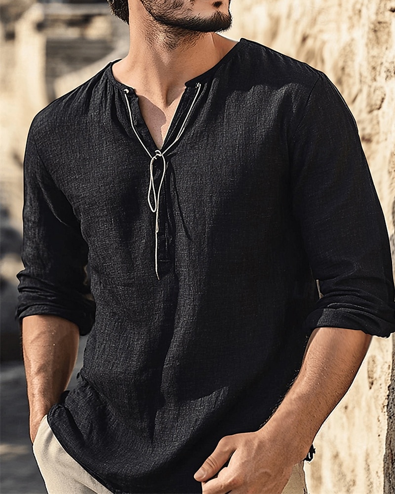 Herren Hemd Leinenhemd Popover-Hemd Freizeithemd Baumwollhemd Einfach Urlaub Hawaiianisch Schwarz Weiß Braun Grün Langarm V Ausschnitt Frühling Herbst Bekleidung 2025 - $32.99 –P5