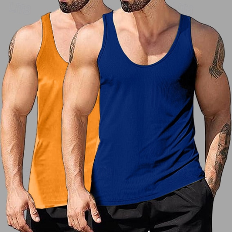 2PCs Men's Tank Top Undershirt Sleeveless Shirt Wife beater Shirt Sleeveless Deep U Scoop Neck Scoop Neck Summer Solid Color Plain Pit Strip Fashion Designer Sporty Ribbed Plain Casual Tank top 2026 - $20.99 –P7