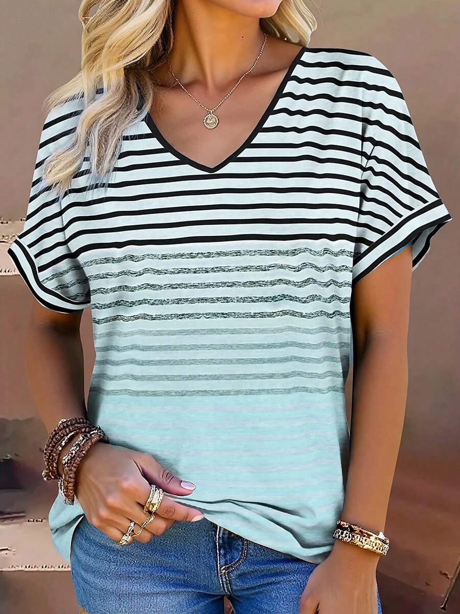 Women's T Shirt Graphic Geometric Striped Stylish Modern Casual Short Sleeve V Neck Regular Tops Daily Print Pink Blue Purple Green Summer Spring 2025 - $19.99 –P4