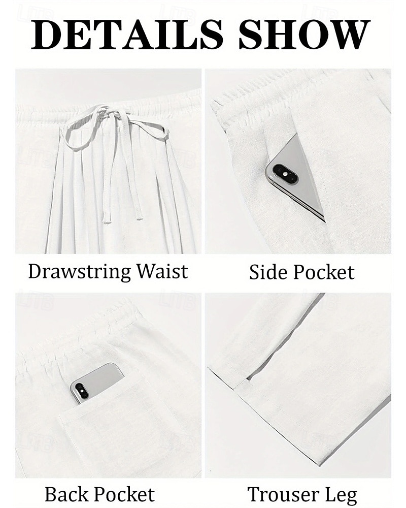 Men's Linen Pants Summer Pants Beach Pants Harem Pants Pocket Elastic Waist Drawstring Plain Comfort Breathable Calf-Length Vacation Daily Holiday Hawaiian Boho Black White 2025 - $18.99 –P5