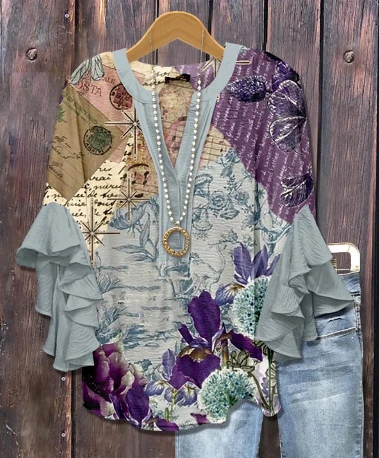 Femmes Chemisier Fleuri Graphique Élégant Bohème Ethnique Manche 3/4 Col en V Hauts Réguliers Quotidien Fête Vêtements de vacances A Volants Imprimé Blanche Bleu Violet Marron Vert Été Printemps de 2025 ? $29.99 –P5