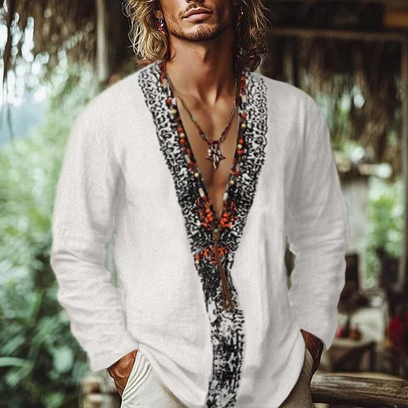Herren Hemd Leinenhemd Wikinger-Stil Popover-Hemd Sommerhemd Strandbekleidung Einfarbig Urlaub Straße Weiß Rosa Himmelblau Grün Langarm V Ausschnitt Sommer Frühling Bekleidung 2025 - $23.99 –P1