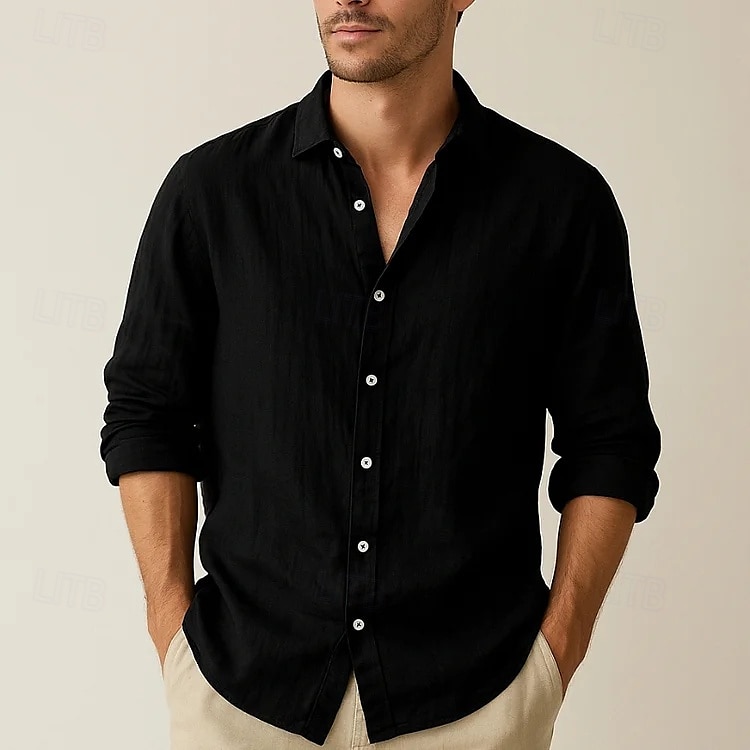 Men's Shirt Linen Shirt Summer Shirt Beach Wear Button Up Shirt Plain Vacation Daily Black White Pink Blue Long Sleeve Collar Summer Spring Clothing Apparel Plain 2025 - $22.99 –P9