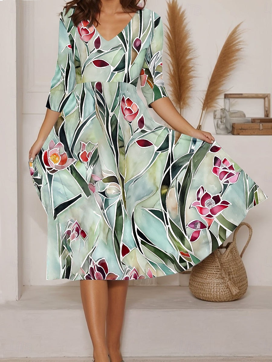 Femmes Robe Midi Robe trapèze Vacances Occasionnel Sortir Coupe régulière Fleuri Graphique manche longue Col en V Jaune Rouge Vert Beige Été de 2025 ? $36.99 –P2