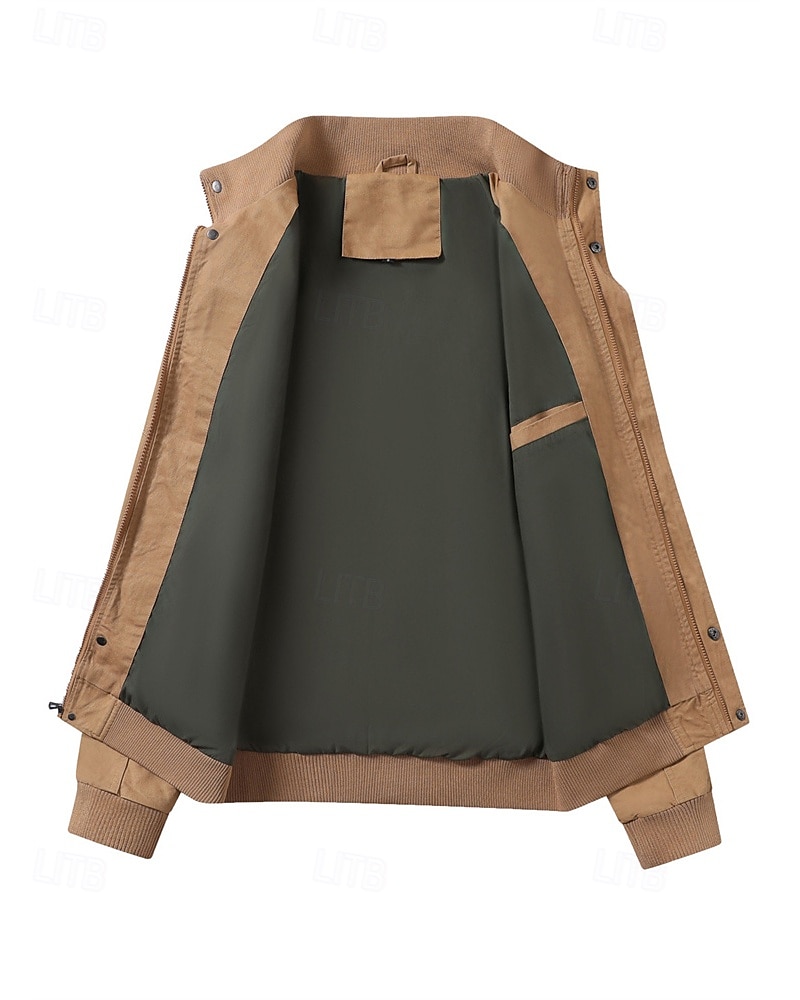 Men's Trucker Jacket Cargo Jacket Casual Jacket Vacation Daily Pocket Spring Fall Plain Fashion Classic Stand Collar Regular Black Khaki Army Green Jacket 2025 - $53.99 –P5