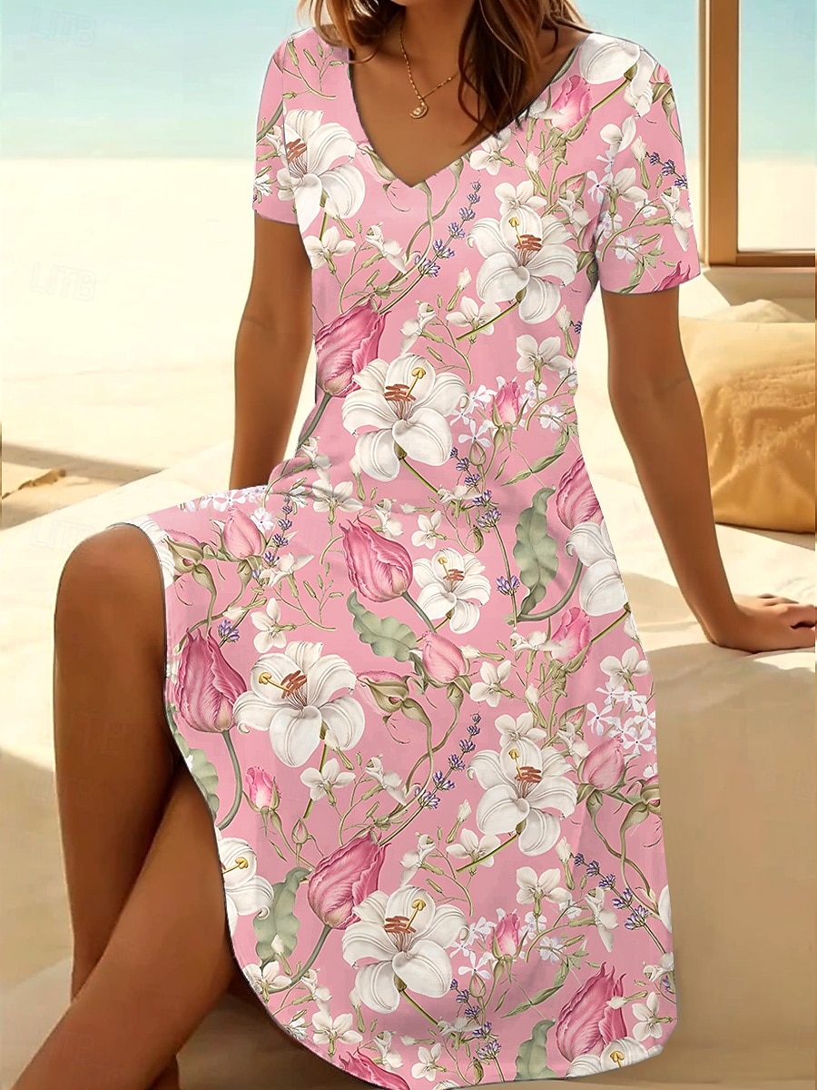 Damen Midikleid T-Shirt-Kleid Sommerkleid A Linie Kleid Urlaub Lässig Strand Ausgehen Strand Normale Passform Blumen Grafik Kurzarm V Ausschnitt Graues Rosa Hellgrün Blau Purpur Sommer Frühling 2025 - $23.99 –P3