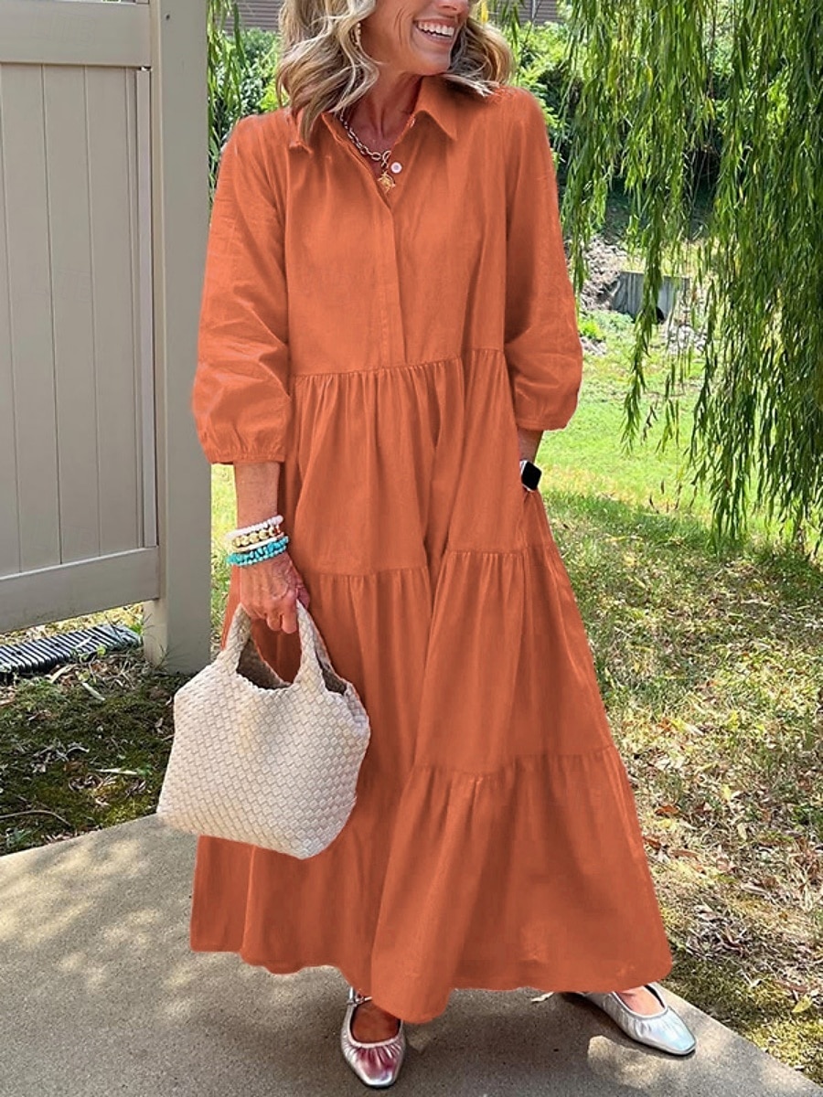 Damen Maxikleid A Linie Kleid Lässig Täglich Normale Passform Einfach Dreiviertelarm Revers Weiß Gelb Blau Orange Frühling Herbst 2025 - $41.99 –P3