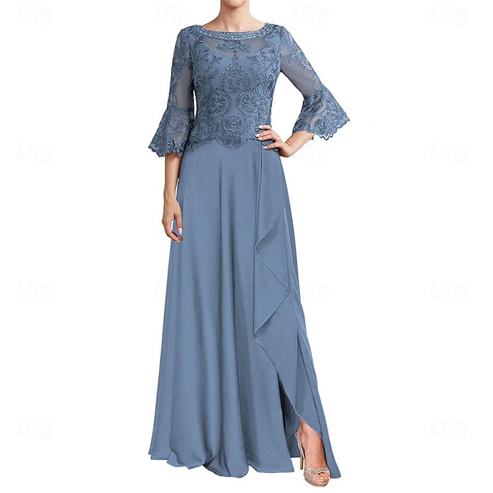 A-Line Mother of the Bride Dress Elegant Crew Neck Floor Length Chiffon Long Sleeve with Solid Color 2025 - $119.99 –P9