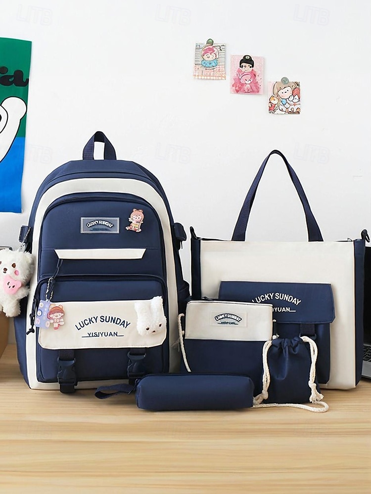 5-i-1 skolryggsäcksset med plyschberlocker, lätt nylon, kawaii-stil, för flickor och tonåringar, perfekt för skolan och dagligt bruk 2025 - $26.99 –P3